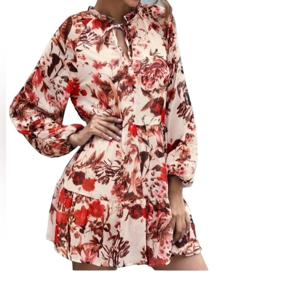 H&M Boho V-neck Red/Pink Floral tiered Dress- Size 8 - Picture 1 of 12